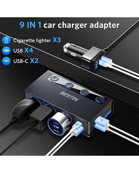 BESTEK 180W Cigarette Lighter Adapter Splitter with PD36W/65W and QC3.0 18W LED Voltage Display for 12V/24V Vehicles Black
